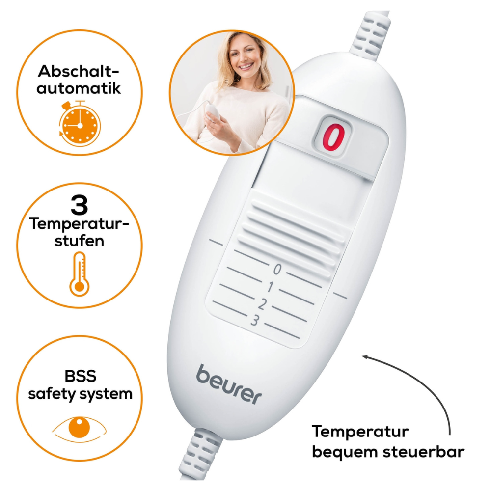 Le Beurer coussin chauffant HK 35 de la société Beurer GmbH est un appareil de commande blanc avec un interrupteur marche/arrêt et trois réglages de température. Les symboles indiquent une fonction d'arrêt automatique, trois niveaux de température disponibles et le système de sécurité BSS. Le produit certifié selon OEKO-TEX® STANDARD 100 dispose également d'une insertion ronde avec une personne souriante qui l'utilise.
