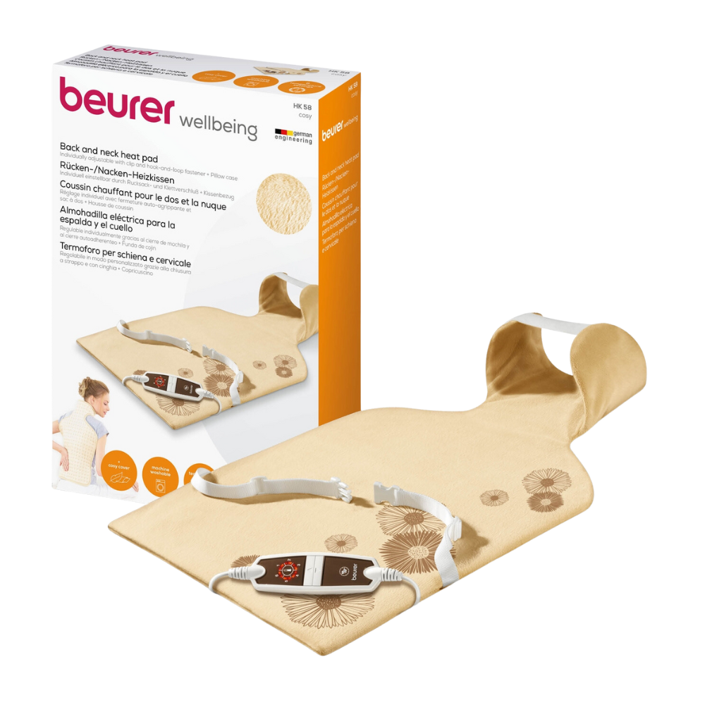 L'image montre un coussin chauffant dorsal/nuque HK 58 Beurer avec emballage. Le coussin chauffant beige, conçu par la société Beurer, a une forme ergonomique et un contrôleur connecté. L'emballage offre des descriptions multilingues et montre une personne utilisant le produit, démontrant ainsi le design polyvalent pour le confort du dos et du cou.