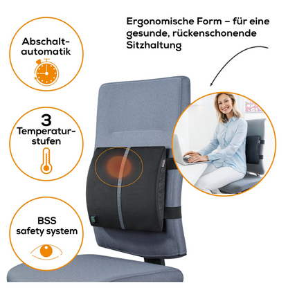 Un Beurer coussin chauffant HK 70 avec support dorsal de Beurer GmbH est fixé à une chaise de bureau. Le graphique met en avant des fonctionnalités comme un minuteur pour l'arrêt automatique, trois réglages de température et un système de sécurité. On voit une femme utilisant le coussin pendant qu'elle travaille à un bureau. Un texte en allemand décrit le design ergonomique pour une posture assise saine et respectueuse du dos.
