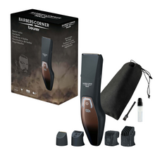 Illustration du kit HR 4000 Bartstyler de Beurer de „Barber’s Corner“ de la Beurer GmbH. Comprend la tondeuse à barbe, quatre accessoires de coupe différents, une brosse de nettoyage, de l'huile, un sac de rangement à cordon et la boîte d'emballage avec une illustration de la tondeuse avec lame en acier inoxydable et logo.