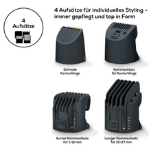 Le Beurer HR 4000 Bartstyler de Beurer GmbH dispose de quatre accessoires de coupe de cheveux interchangeables, idéaux pour chaque tondeuse à barbe. Ceux-ci incluent une lame de contour étroite, un accessoire de peigne court pour 1-12 mm, un accessoire de peigne long pour 15-27 mm et un accessoire de peigne pour le contour. L'emballage (1 pièce) contient également un texte en allemand.