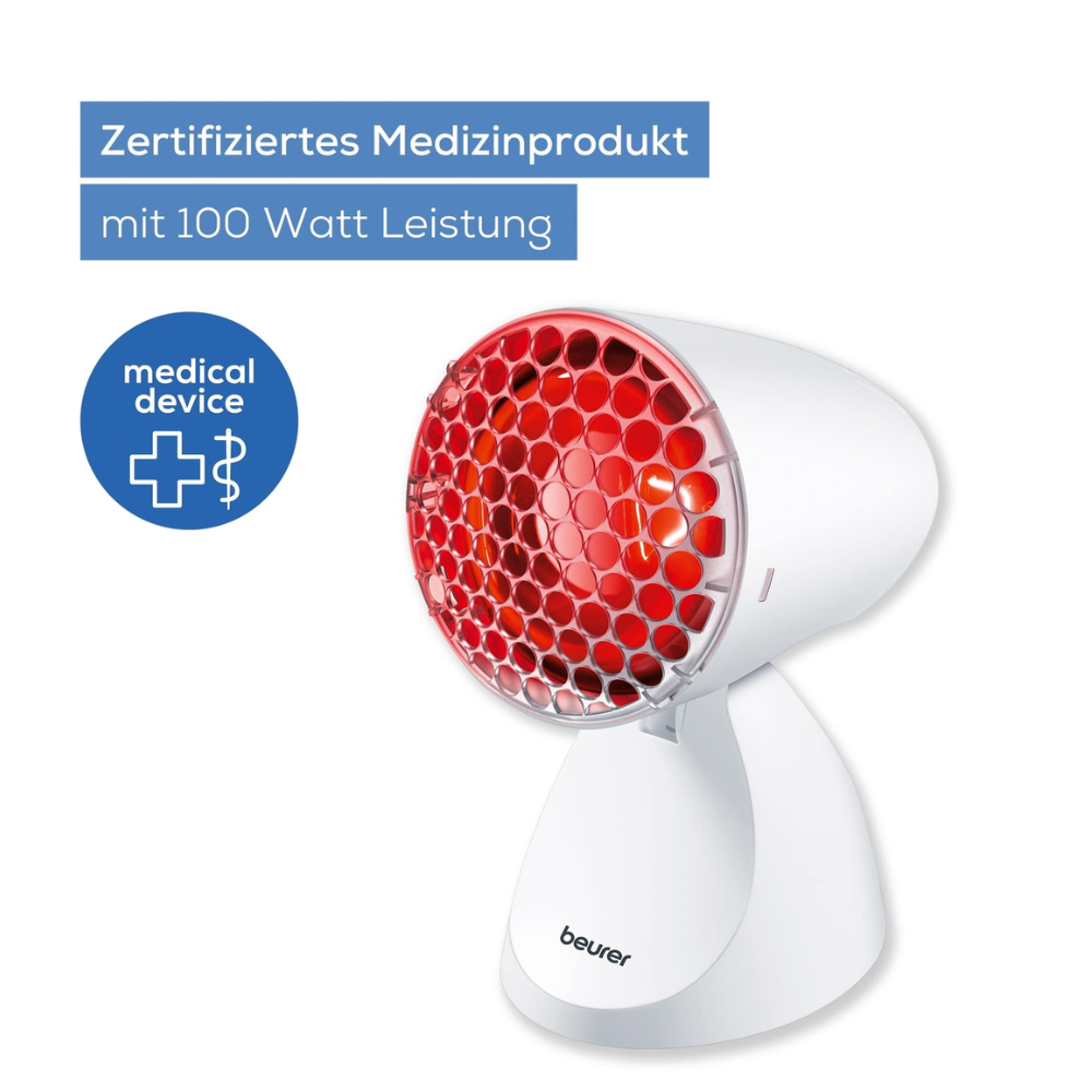 Les articles discontinués : Beurer lampe infrarouge IL 11 de Beurer GmbH est un dispositif médical certifié (100 watts) qui soulage les tensions musculaires avec une lumière rouge. À gauche, un cercle bleu montre l'icône médicale. L'emballage contient 1 pièce.