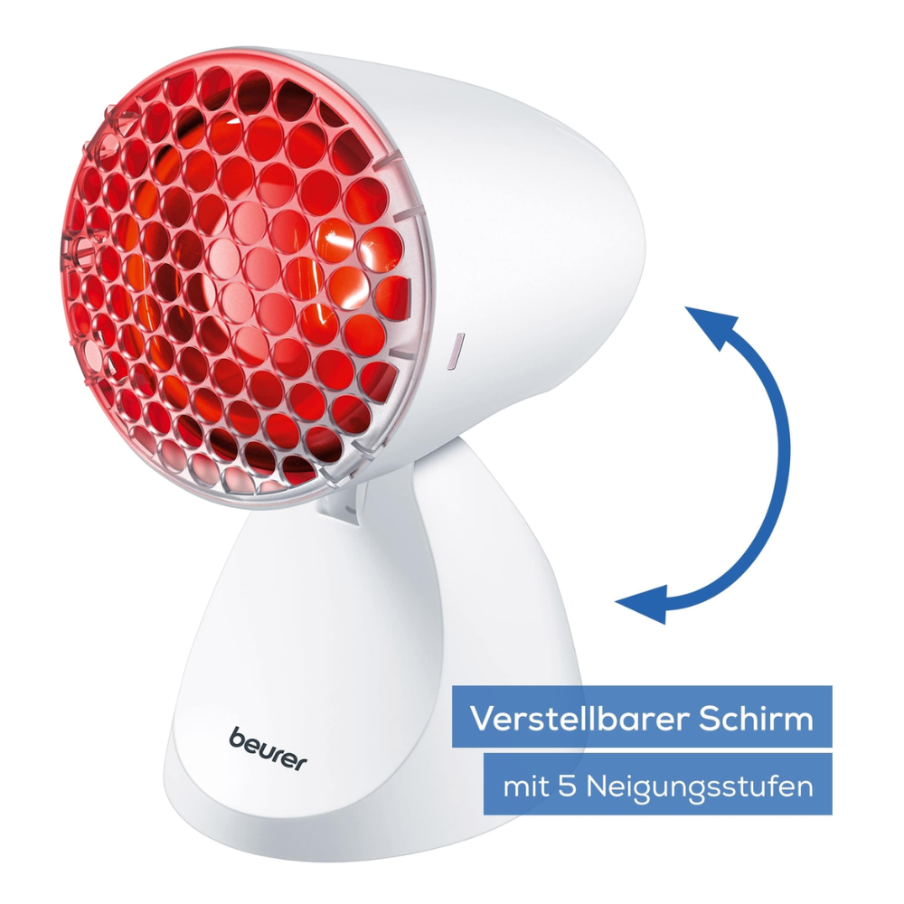 La Beurer lampe infrarouge IL 11 (article discontinué, 1 pièce) de Beurer GmbH a une façade rouge en nid d'abeille, un support blanc réglable et l'autocollant "Écran réglable avec 5 angles d'inclinaison" - idéal pour apaiser les tensions musculaires.