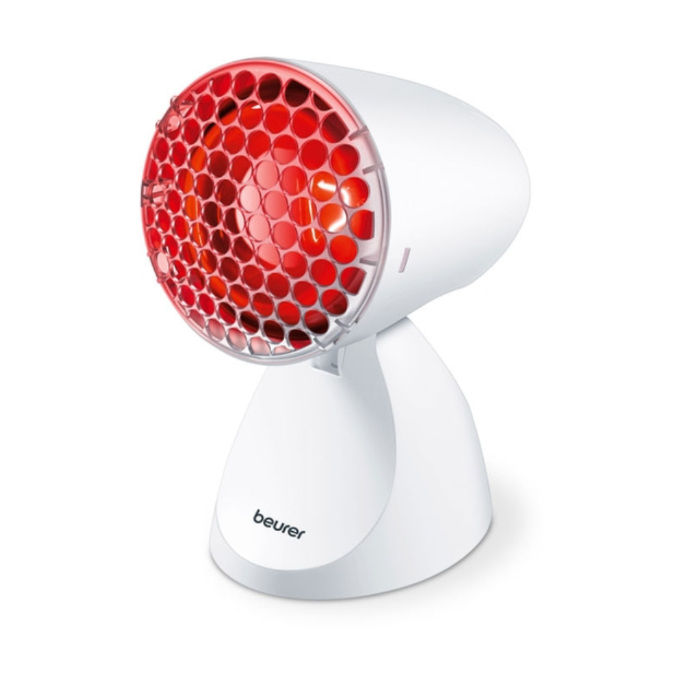 L'article discontinué : La Beurer lampe infrarouge IL 11 de Beurer GmbH émet une lumière orange-rouge pour soulager les tensions musculaires. Elle est dotée d'une grille rouge en nid d'abeille et d'un socle conique, ici sur fond blanc.