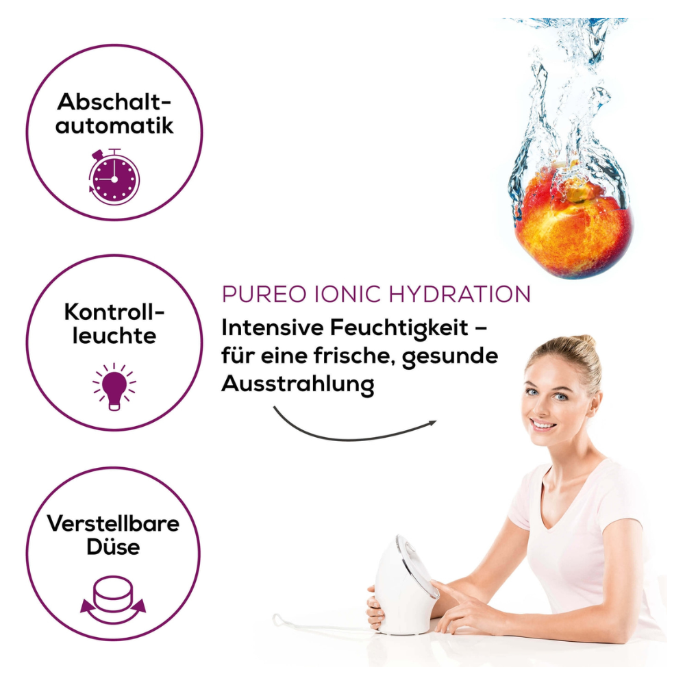 Publicité en langue allemande pour le « Beurer sauna facial ionique FC 72 Pureo Ionic Hydration | Emballage (1 pièce) » de Beurer GmbH, avec une femme utilisant un sauna facial. L'identification de la marque comprend des symboles pour arrêt automatique, voyant lumineux et buse réglable ainsi qu'un texte mettant en avant une hydratation intense pour un teint frais et sain grâce à la technologie ionique nettoyante en profondeur.