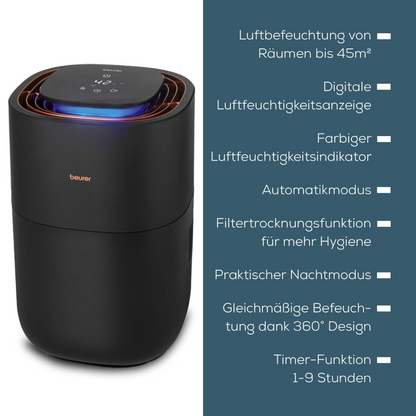 Illustré est un humidificateur noir Beurer LB 300 de Beurer GmbH avec affichage numérique de l'humidité. Ses caractéristiques sont listées à droite en allemand et incluent un air intérieur hygiénique pour jusqu'à 45m², un affichage coloré de l'humidité, un mode automatique, une fonction de séchage du filtre, un mode nuit, un design à 360° et une fonction minuterie.