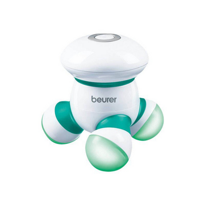 Phrase avec nom de produit et de marque mis à jour :
Un mini-appareil de massage portable MG 16 de la société Beurer GmbH, en blanc et vert, avec un design en forme de champignon et trois têtes rotatives pour le massage.
