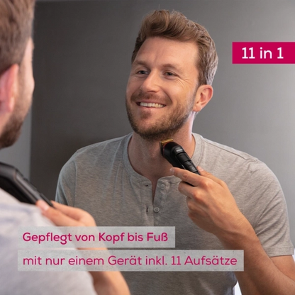 Un homme taille sa barbe devant le miroir avec l'article discontinué : Beurer Multigroomer MN9X de Beurer GmbH. Texte sur l'image : "11 en 1. Soigné de la tête aux pieds - un seul appareil incluant 11 accessoires."