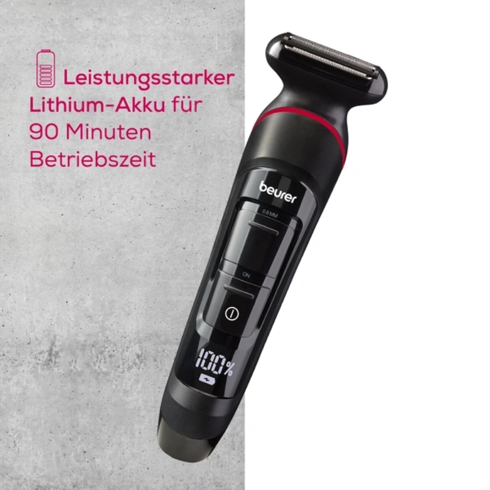 Un Beurer Multigroomer MN9X noir pour tailler et raser (1 pièce, Beurer GmbH) est illustré sur un fond gris clair avec un texte allemand : "Batterie lithium puissante pour 90 minutes d'autonomie" - l'appareil est étanche.