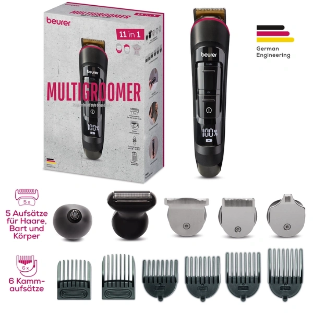 Illustrés sont une boîte et le Beurer Multigroomer MN9X étanche de Beurer GmbH, cinq têtes de tondeuse en métal, six accessoires de peigne noirs et une tête de massage ronde. Sur le carton est écrit "11 en 1" et "German Engineering".