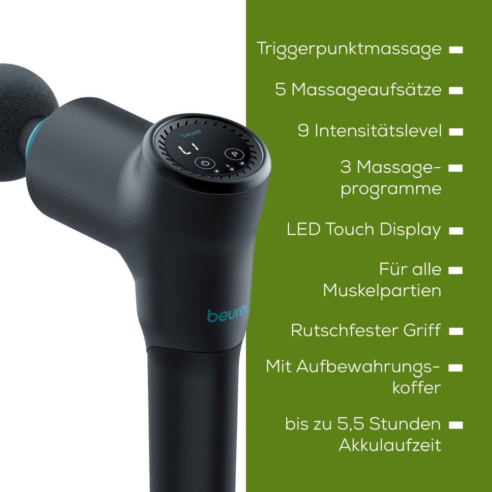 Voici la phrase révisée :

Une image de l'appareil de massage musculaire Beurer MG 185 Massage Gun avec une superposition de description sur fond vert. Les descriptions en allemand incluent des détails tels que le massage des points de déclenchement, 5 embouts de massage, 9 niveaux d'intensité, 3 programmes de massage, écran tactile LED, poignée antidérapante, mallette de rangement et jusqu'à 5,5 heures d'autonomie pour une relaxation musculaire ultime.