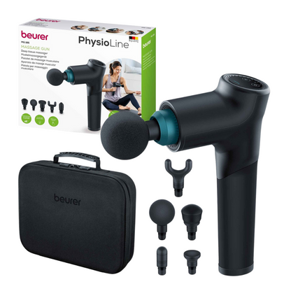 Exposé est un appareil de massage musculaire Beurer MG 185 Massage Gun de Beurer GmbH avec cinq têtes interchangeables et une sacoche noire pour une relaxation musculaire ultime. L'emballage du produit montre le pistolet de massage et une personne l'utilisant sur son bras.