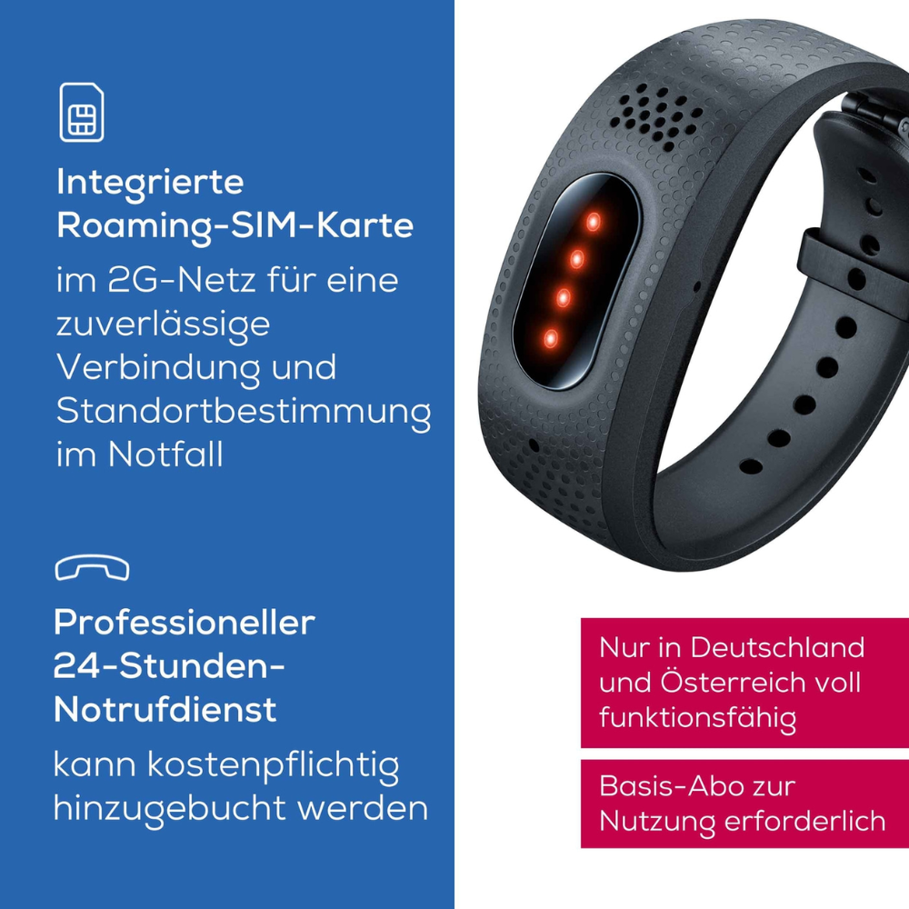 Gros plan sur le bracelet d'urgence noir Beurer EC 70 SafePlus de la société Beurer GmbH avec affichage LED, à côté d'un texte allemand avec des fonctionnalités telles que la fonction d'appel d'urgence, la détection automatique de chute, la carte SIM en itinérance et le service en Allemagne et en Autriche.