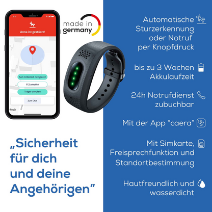 Un smartphone affiche une application d'appel d'urgence et un bracelet d'urgence noir Beurer EC 70 SafePlus. Le texte allemand met en avant la détection automatique de chute, la longue durée de vie de la batterie, la fonction d'appel d'urgence, le design étanche et la compatibilité cutanée.
