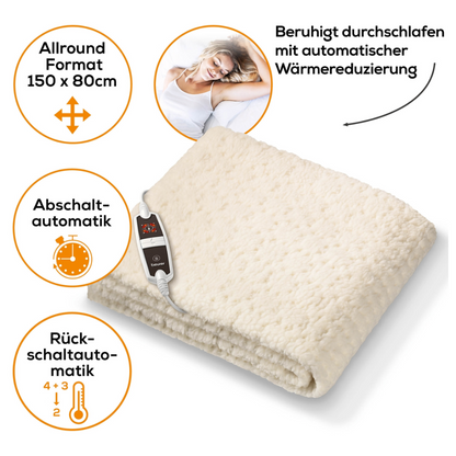 Abgebildet ist ein Beurer Teddy Wärmeunterbett UB 53 mit weicher, plüschiger Oberfläche. Es verfügt über eine Fernbedienung mit 9 Temperatureinstellungen. Symbole heben Funktionen wie Allround-Größe (150 x 80 cm), automatische Abschaltung und automatische Wärmereduzierung hervor.