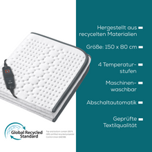 L'image montre le chauffe-lit Beurer UB 60 Green Planet de Beurer GmbH, un coussin chauffant rectangulaire avec une télécommande dessus. À droite, les caractéristiques sont listées : « Fabriqué à partir de matériaux recyclés, Taille : 150 x 80 cm, 4 niveaux de température, Lavable en machine, Arrêt automatique, Qualité textile certifiée. Profitez d'un confort durable avec le chauffe-lit Beurer.