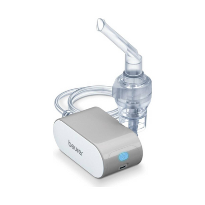 L'article discontinué : Beurer petit inhalateur IH 58 de la Beurer GmbH est un nébuliseur portable avec masque transparent, tuyau, base compacte blanc-gris et station de charge USB - parfait pour la gestion de l'asthme ou des maladies respiratoires.