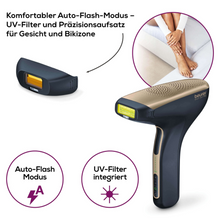 Une image montrant l'épilation définitive Beurer IPL VelvetSkinPro Black, un produit de Beurer GmbH, avec filtre UV et embout de précision pour le visage et la zone du bikini. L'appareil est montré près des jambes d'une personne et met en avant ses avantages pour l'épilation définitive. Le texte allemand décrit les fonctionnalités : filtre UV, embout de précision et mode flash automatique.