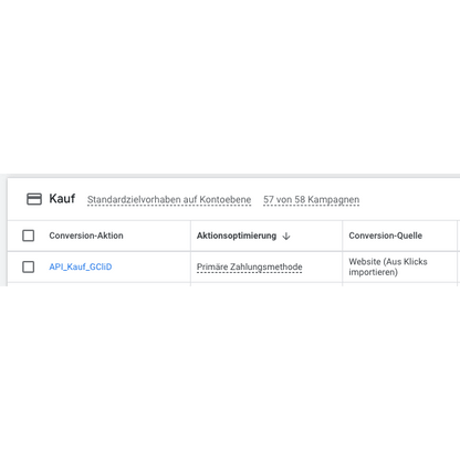 Capture d'écran d'une interface numérique affichant les paramètres d'achat pour les campagnes du téléchargement de conversion hors ligne de Weclapp à Google, avec des options pour l'action de conversion, l'optimisation de l'action et la source de conversion, présentée en allemand par Altruan.