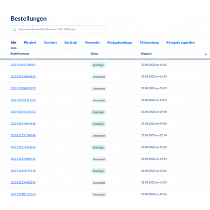 Une capture d'écran du système de gestion des commandes en backend Altruan MetroSync: Metro Market vers le traitement des commandes Weclapp, affichant un tableau avec les numéros de commande et les mises à jour de statut. Chaque ligne contient le numéro de commande, le statut, le SKU, la date et l'heure de création. La plupart des statuts montrent