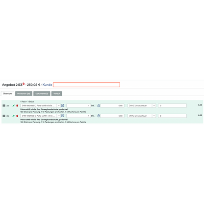 Une interface WooCommerce B2B allemande d'Altruan montre "Outil de commande B2B Shopify : outil de commande avec rappel de commande et prix personnalisés pour les clients" avec les options quantité, emballage, taux de taxe, prix personnalisés ; offre totale : 230,02 € pour deux articles.
