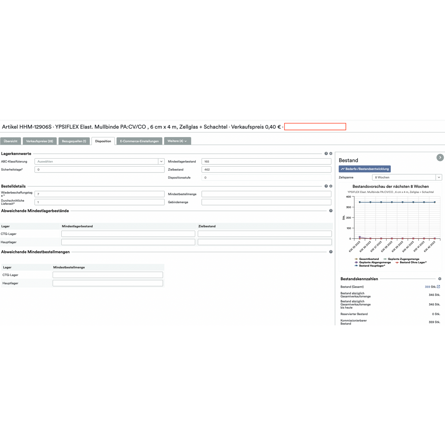 Capture d'écran d'une interface informatique avec des informations détaillées sur un produit pour un article intitulé « SmartStock Calculator: Calculateur de stock minimum et cible Weclapp basé sur la consommation », affichant divers attributs, prix et un diagramme de vente via le cloud Altruan.
