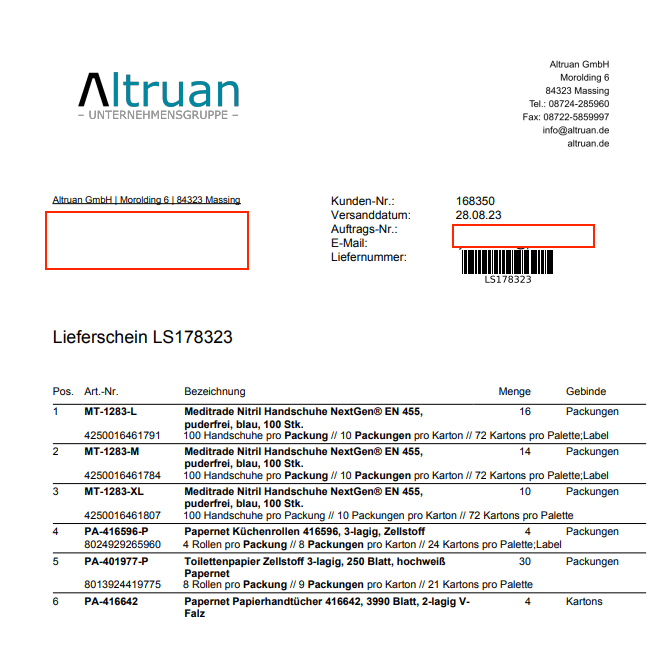Une image d'un bon de livraison d'Altruan avec des détails tels que l'adresse de l'expéditeur, le numéro de facture et une liste détaillée des produits expédiés, y compris les quantités et les types d'emballage.