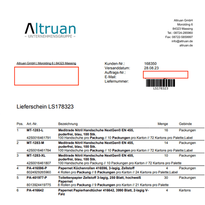 Une image d'un bon de livraison d'Altruan avec des détails tels que l'adresse de l'expéditeur, le numéro de facture et une liste détaillée des produits expédiés, y compris les quantités et les types d'emballage.