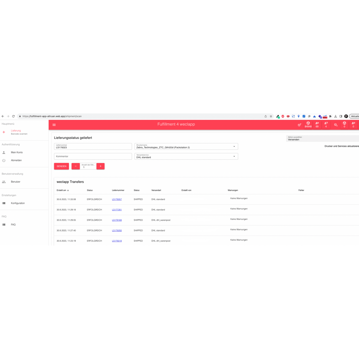 Capture d'écran de l'interface de l'application Altruan PackMaster pour la gestion de l'exécution avec des onglets tels que « Planification », « Création d'étiquettes d'expédition » et d'autres, ainsi qu'une section pour saisir les détails de la commande comme le numéro de commande, etc.