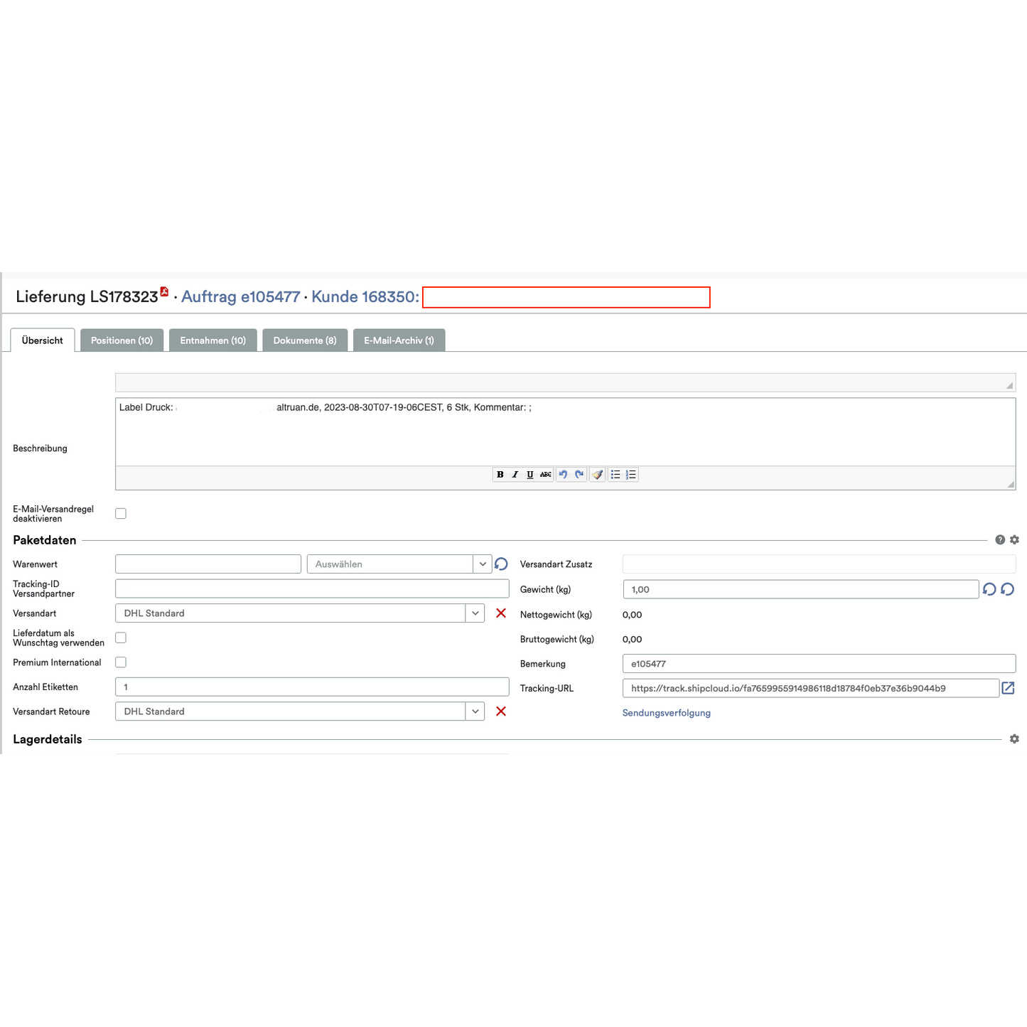 Capture d'écran de l'interface logicielle logistique de l'application Altruan PackMaster, montrant une commande avec un numéro client et contenant des champs de texte et des menus déroulants pour les détails d'expédition, y compris la méthode de livraison et les options d'emballage.