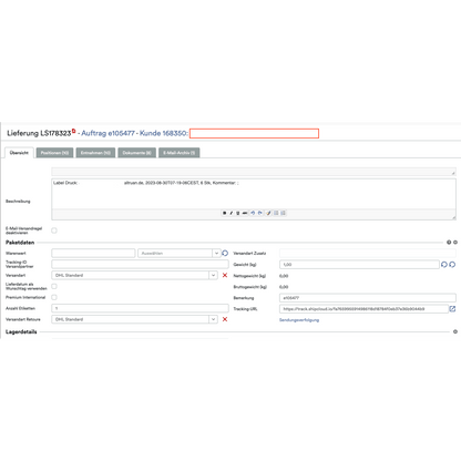 Capture d'écran de l'interface logicielle logistique de l'application Altruan PackMaster, montrant une commande avec un numéro client et contenant des champs de texte et des menus déroulants pour les détails d'expédition, y compris la méthode de livraison et les options d'emballage.