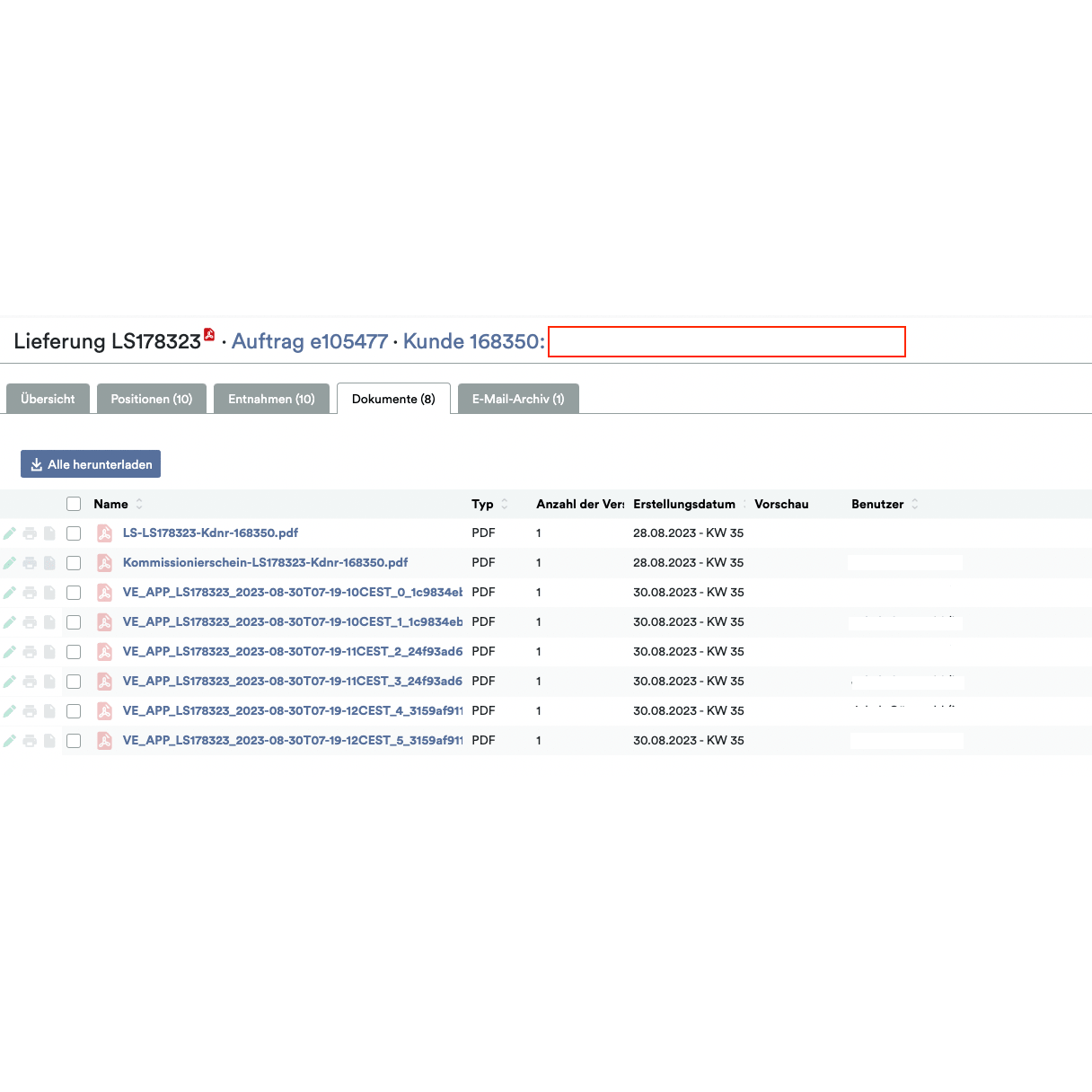 Une capture d'écran de l'application Weclapp Logistik Packing, montrant un système de documents numériques avec une liste de fichiers PDF, chacun associé à des métadonnées spécifiques telles que le type, le nombre de pages, la date de création et des informations utilisateur cachées.