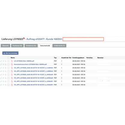 Une capture d'écran de l'application Weclapp Logistik Packing, montrant un système de documents numériques avec une liste de fichiers PDF, chacun associé à des métadonnées spécifiques telles que le type, le nombre de pages, la date de création et des informations utilisateur cachées.