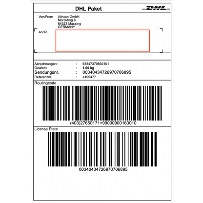 Une étiquette DHL de la société Altruan GmbH (Morolding 6, 84323 Massing, Allemagne) contenant des codes-barres et un poids de 1,00 kg avec le numéro de suivi 00340434276970706895. L'adresse du destinataire est vide pour les mises à jour via l'application PackMaster : Weclapp Logistik Packing App pour améliorer l'efficacité des étiquettes d'expédition.
