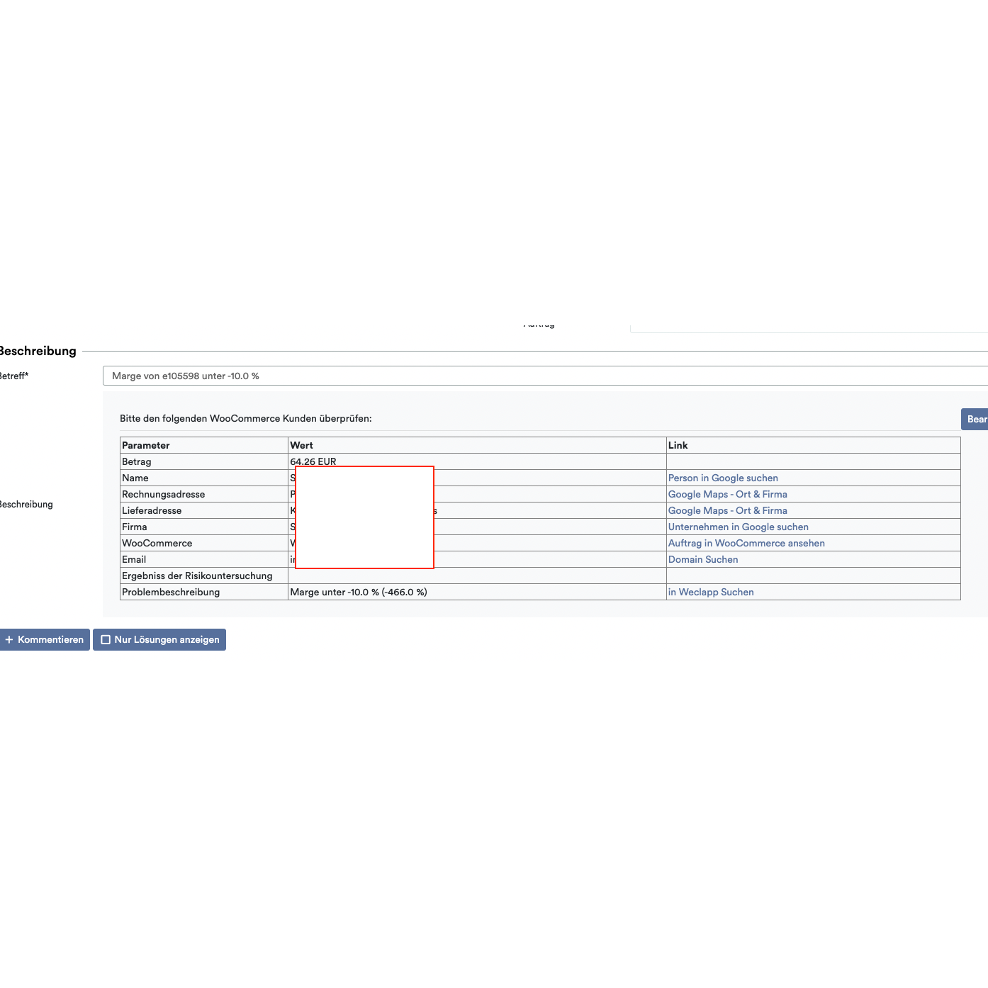 Une capture d'écran d'un site web montrant un formulaire de détail de facture avec des champs tels que montant, adresse de facturation et autres pour « Achat sur facture », mis en évidence par un encadré rouge autour d'une section vide en utilisant OrderGuardian d'Altruan : Système de vérification des commandes Weclapp.