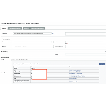 Capture d'écran de l'interface d'un système de tickets d'un service cloud, où différents champs tels que « Détails du ticket », « Journal » et « Client » sont affichés, avec des informations sur une transaction, y compris le coût des articles, mises en évidence dans un champ rouge. OrderGuardian d'Altruan est utilisé.