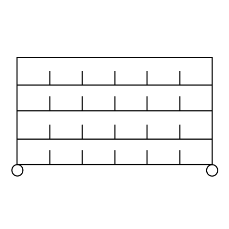 Un dessin au trait noir et blanc montre le chariot de tri Novocal en acier de précision avec 3 niveaux et 5 compartiments chacun, idéal pour l'organisation de bureau. L'étagère est soutenue par 4 poteaux d'angle chromés. L'emballage contient 1 pièce.