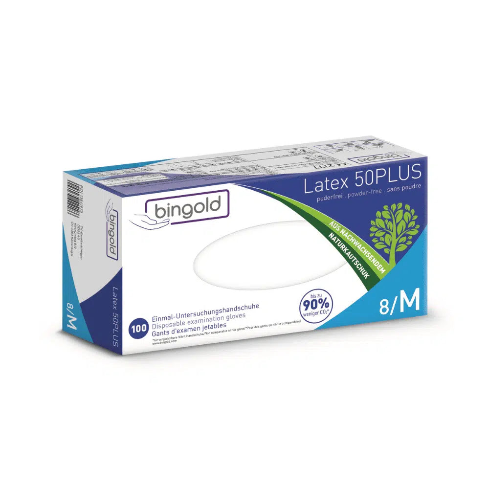 Boîte de gants en latex Bingold 50PLUS, taille 8/M de BINGOLD GmbH + Co. KG. L'emballage met en avant un design sans poudre et dispose d'une formule à 90 % sans plastique, adaptée aux végétaliens, ce qui la rend parfaite pour une utilisation en laboratoire et la protection contre les dangers chimiques. Contient 100 gants.