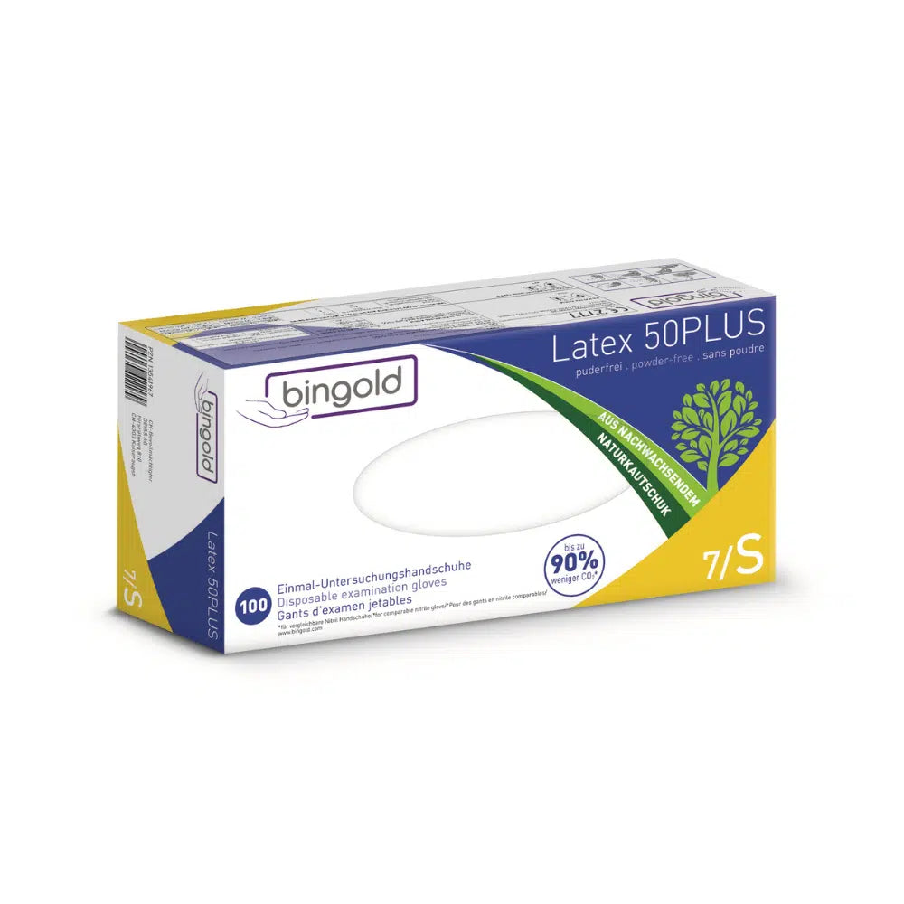 Une boîte de gants en latex Bingold 50PLUS, blanche, taille 7/S. L'emballage est conçu en blanc et jaune avec des accents verts et contient 100 gants en latex. Ces gants sans poudre sont principalement composés de latex naturel (90 % d'origine naturelle) et sont idéaux pour une utilisation en laboratoire, offrant une protection contre les dangers chimiques.