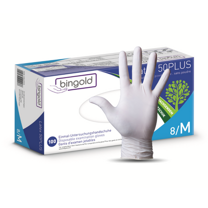 Une boîte de gants en latex Bingold 50PLUS, fabriquée par BINGOLD GmbH + Co. KG, est présentée comme parfaite pour une utilisation en laboratoire. Elle est principalement blanche avec des accents bleus et verts et montre l'image d'une main gantée. Taille 8/M est indiquée et contient 100 gants pour la protection contre les dangers chimiques.