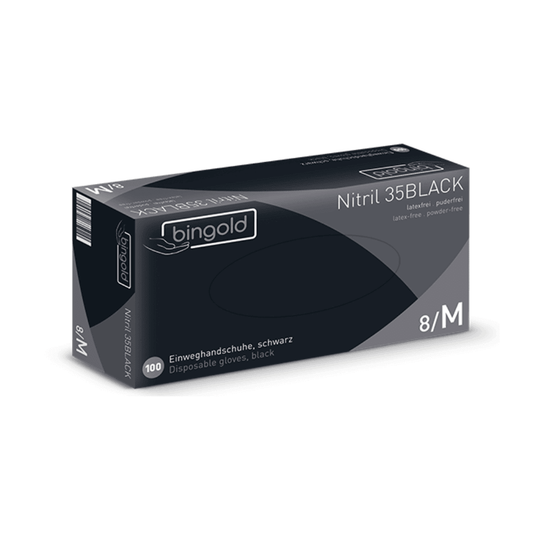 Nous vous présentons une boîte de gants en nitrile Bingold 35BLACK, un produit de la société BINGOLD GmbH + Co. KG. Ces gants de taille moyenne sont parfaits pour les environnements où l'hygiène est primordiale ; ils sont sans latex et sans poudre, et leur emballage comporte des informations en plusieurs langues.