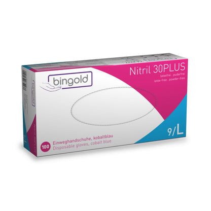 Les gants jetables Bingold Nitril 30PLUS, taille 9/L, de BINGOLD GmbH + Co. KG, sont idéaux pour l'industrie alimentaire. L'emballage blanc avec des accents violets et bleus comporte un texte en allemand et en anglais. Ces gants bleu cobalt sont sans latex et sans poudre.