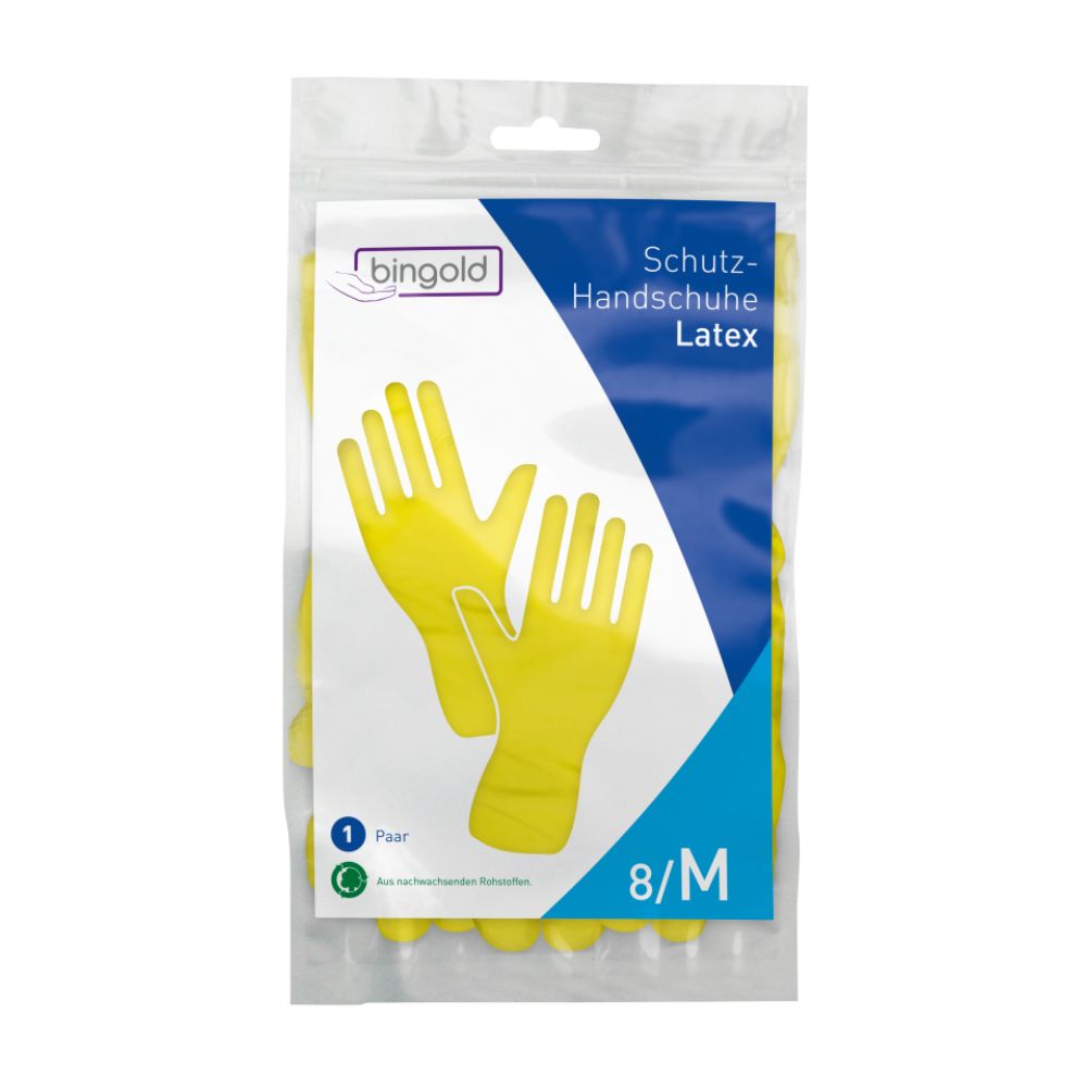 L'emballage des gants de protection Bingold en latex, jaune, taille 8/M, de BINGOLD GmbH + Co. KG, contient un texte allemand et une image des gants. Le design transparent offre une vue claire de l'intérieur, parfait pour des usages de nettoyage professionnel. Fabriqué en latex de caoutchouc naturel.