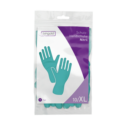 Les gants de protection en nitrile BINGOLD de BINGOLD GmbH + Co. KG, taille 10/XL, sont livrés dans un emballage transparent au design violet-blanc. Sur le devant, deux gants bleu-vert sont illustrés, idéaux pour une utilisation en cas de dangers chimiques.