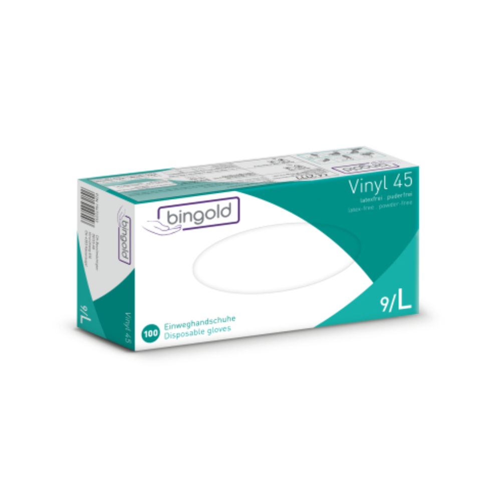 Une boîte de gants Bingold Vinyl 45 de BINGOLD GmbH + Co. KG, marquée de la taille 9/L, contient 100 gants sans latex et sans poudre dans un emballage vert et blanc, conforme aux normes de la catégorie de protection CAT III.