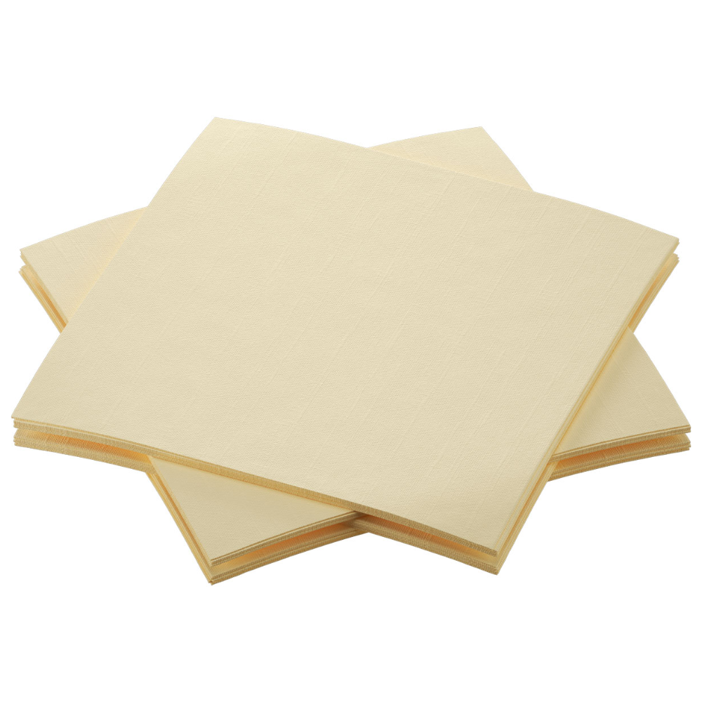 Un ensemble de quatre serviettes Bio Dunisoft® de Duni GmbH en beige élégant est soigneusement disposé, chaque serviette chevauchant légèrement les autres. Avec un motif de texture subtil et un fond blanc, ces serviettes sont parfaites pour les amateurs de gastronomie durable.