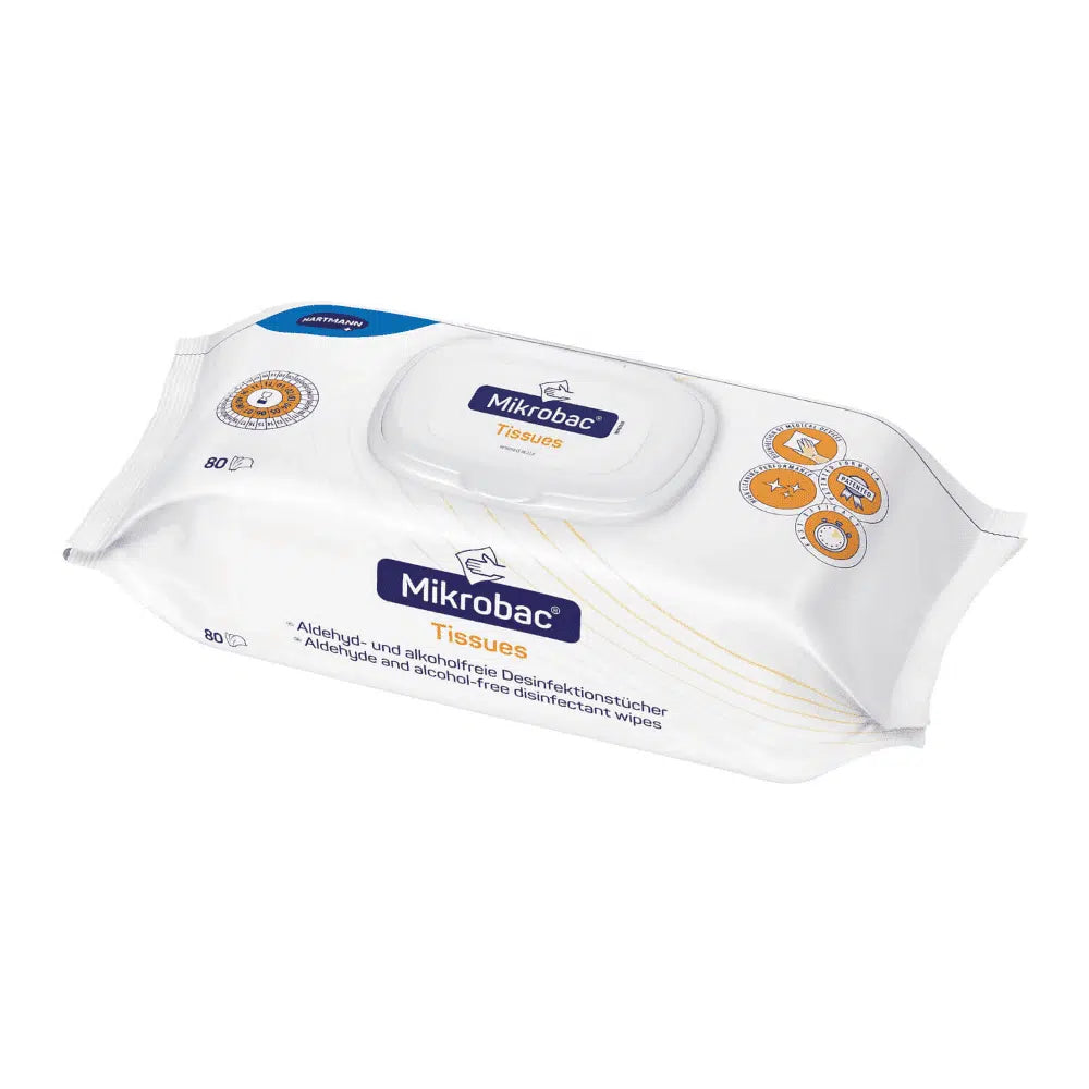Un paquet de lingettes désinfectantes de surface BODE Mikrobac® Tissues avec l'inscription „sans alcool“ contient 80 lingettes. L'emballage est principalement blanc avec du bleu et de l'orange et est fabriqué par la société Paul Hartmann AG.