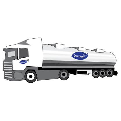 Un camion-citerne blanc avec un châssis gris et six roues est représenté de profil. Le logo de Diversey Deutschland GmbH & Co. OHG ainsi que l'inscription « Suma Mega L52 détergent pour vaisselle pour eau douce » sont affichés sur la porte de la cabine et le réservoir. Le fond est simplement blanc.