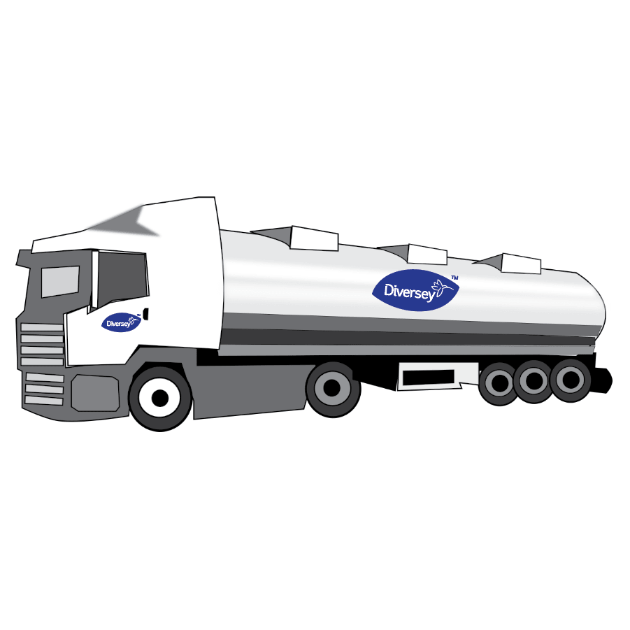 Un camion-citerne blanc avec un réservoir argenté et trois essieux arrière, portant le logo de Diversey Deutschland GmbH & Co. OHG sur la porte de la cabine et le réservoir, fait la promotion de Suma Rinse A5 – Agent de rinçage neutre pour des résultats sans traces, vu de côté sur un fond blanc simple.