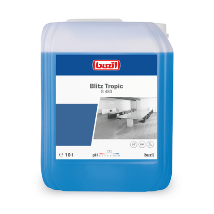 Un conteneur de 10 litres de Buzil Blitz Tropic G 483 nettoyant universel parfumé de BUZIL-WERK Wagner GmbH & Co. KG dispose d'une étiquette bleu-blanc avec une image monochrome d'un bureau impeccable, complétée par son subtil parfum tropical.